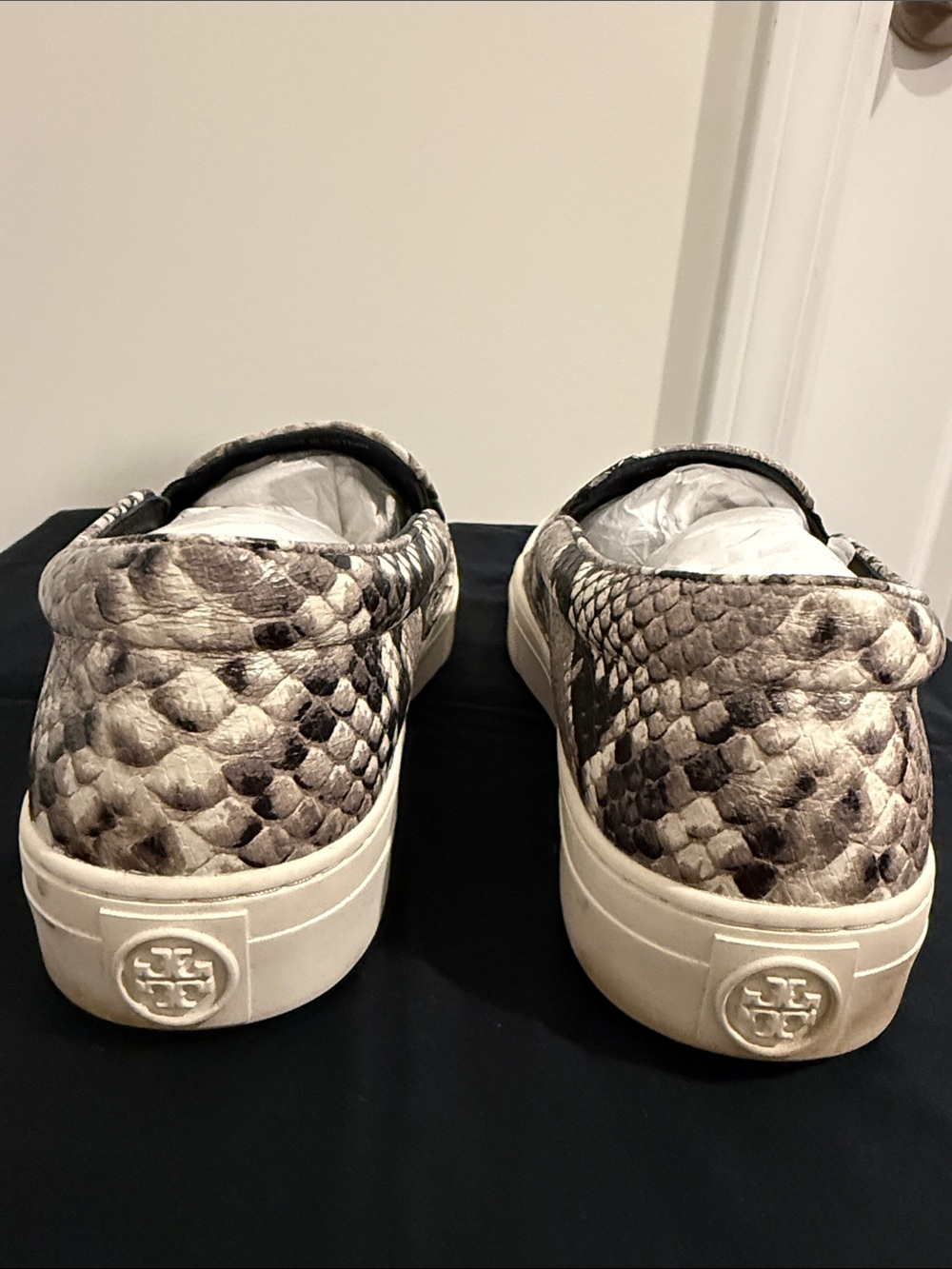 Tory Burch Snake-Print Slip-Ons in Beige and Black